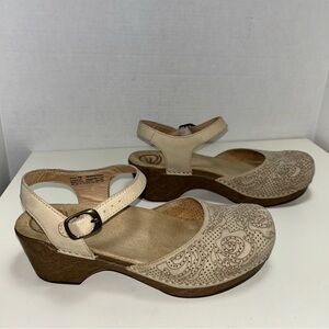 Dansko Sam Beige Mary Jane Nubuck Leather Floral Cutout Clog Sandal
